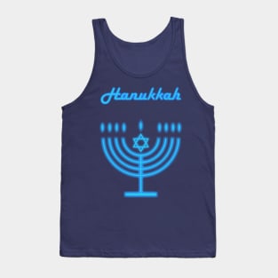 Neon Menorah Jewish Holiday Hanukkah Party Decoration with traditional Chanukah symbol hanukkiah menorah candlestick with candles, star of David Tank Top